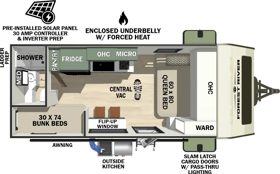 The No Boundaries NB18.7 floorplan has one entry and zero slide outs. Exterior features include: fiberglass exterior, 14' awning and outside kitchen. Interiors features include: bunk beds and front bedroom.